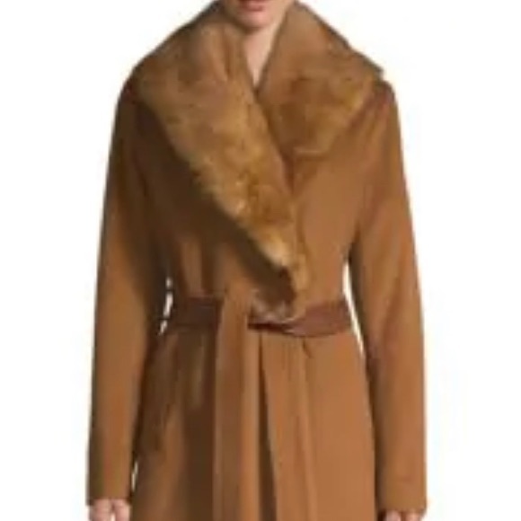 Badgley Mischa Natasha Coat Removable Fur Collar Leather Belt Cinnamon NWT